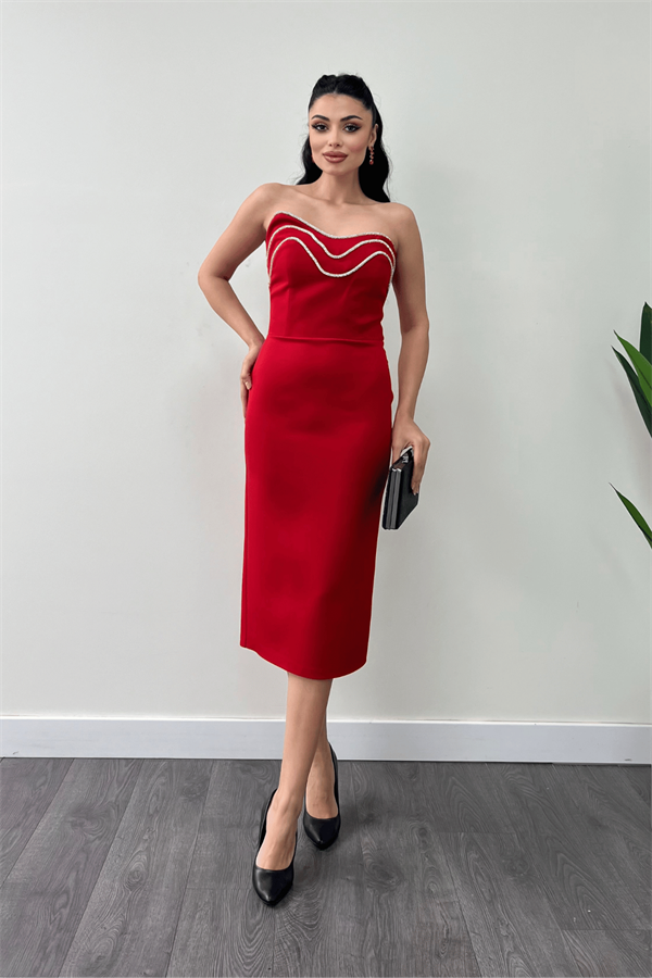 Atlas Kumaş Straplez Kalem Elbise - KIRMIZI