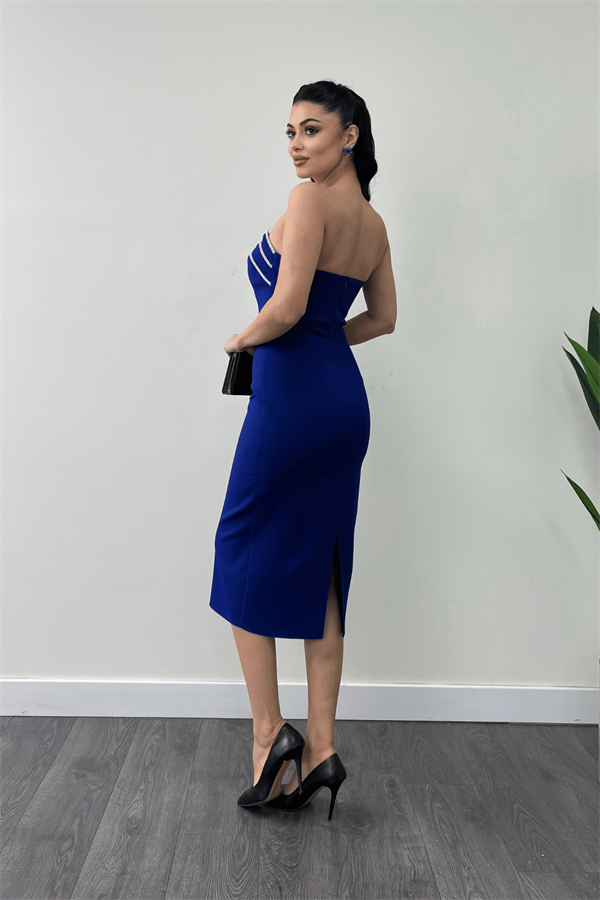 Atlas Kumaş Straplez Kalem Elbise - SAKS MAVİ