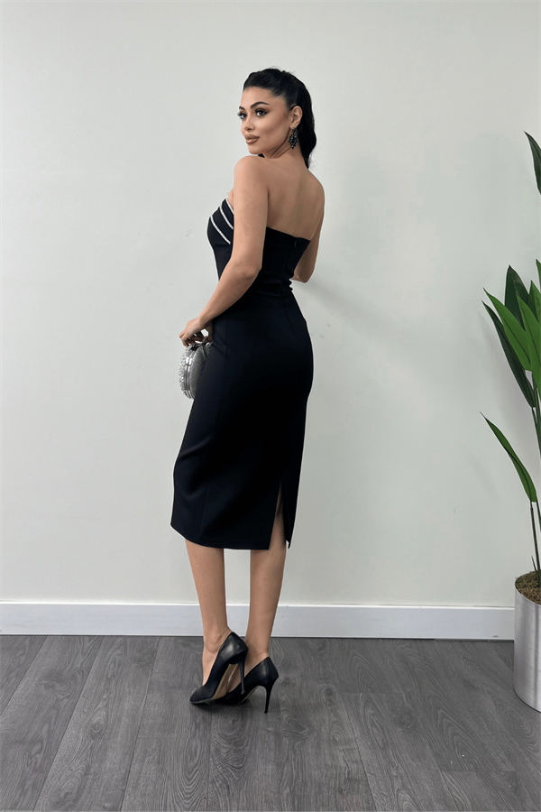 Atlas Kumaş Straplez Kalem Elbise - SİYAH