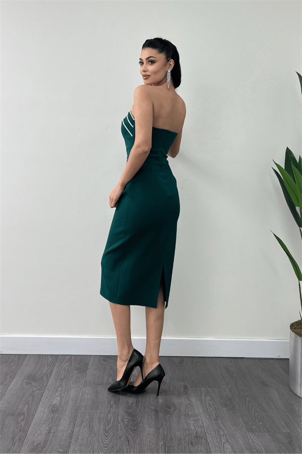 Atlas Kumaş Straplez Kalem Elbise - ZÜMRÜT YEŞİL