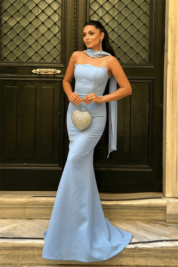 Atlas Kumaş Straplez Şal Detaylı Abiye Elbise - BEBE MAVİSİ