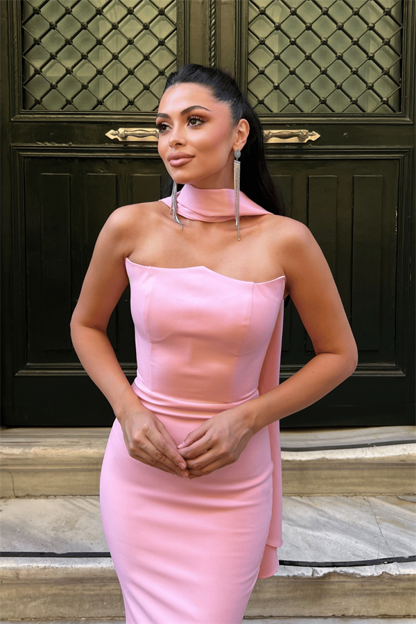 Atlas Kumaş Straplez Şal Detaylı Abiye Elbise - PEMBE