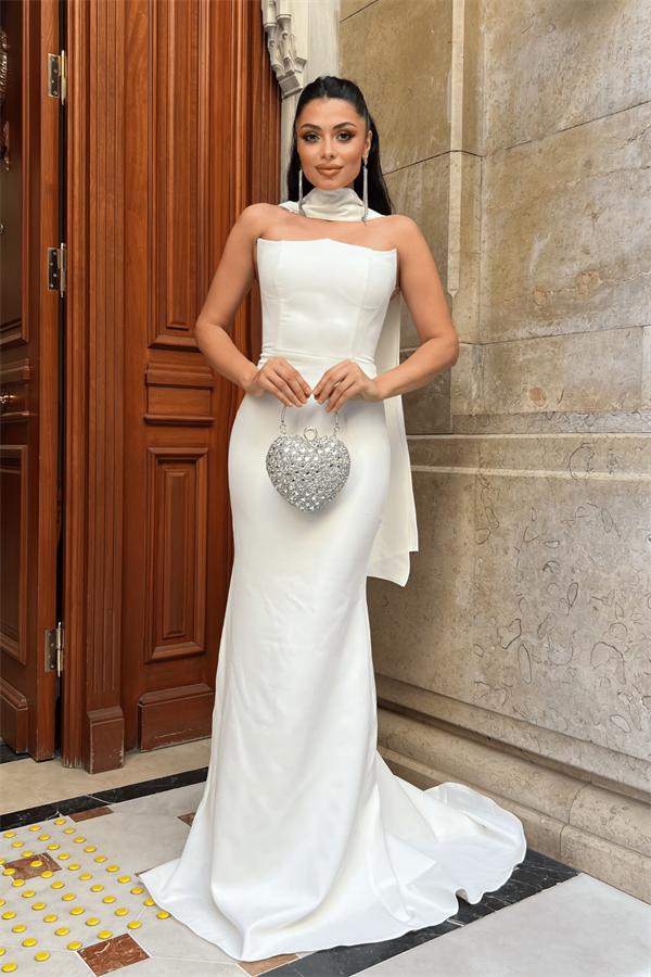 Atlas Kumaş Straplez Şal Detaylı Abiye Elbise - BEYAZ