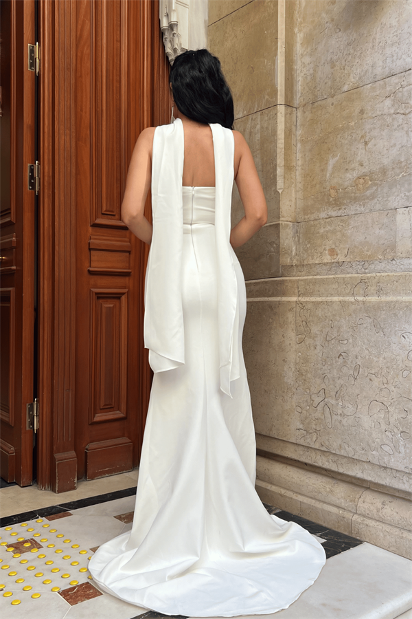 Atlas Kumaş Straplez Şal Detaylı Abiye Elbise - BEYAZ