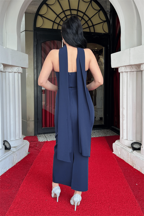 Atlas Kumaş Straplez Şal Detaylı Abiye Elbise - LACİVERT