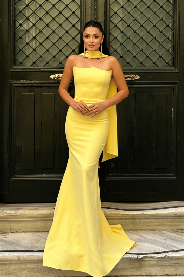 Atlas Kumaş Straplez Şal Detaylı Abiye Elbise - SARI