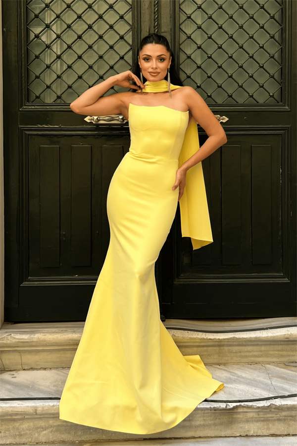 Atlas Kumaş Straplez Şal Detaylı Abiye Elbise - SARI