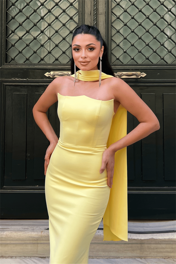 Atlas Kumaş Straplez Şal Detaylı Abiye Elbise - SARI