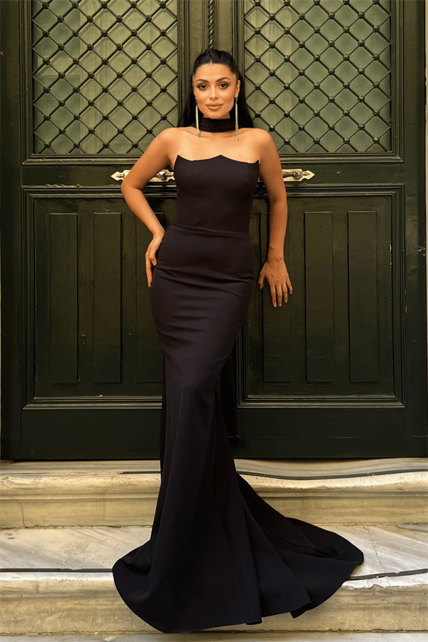 Atlas Kumaş Straplez Şal Detaylı Abiye Elbise - SİYAH