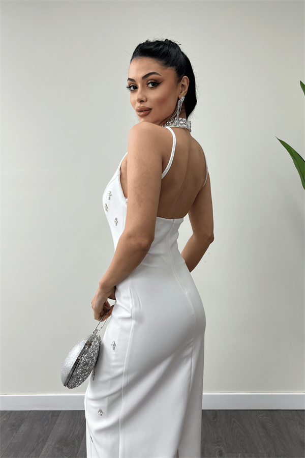 Atlas Kumaş Taş Detaylı Boyundan Bağlama Abiye Elbise - BEYAZ