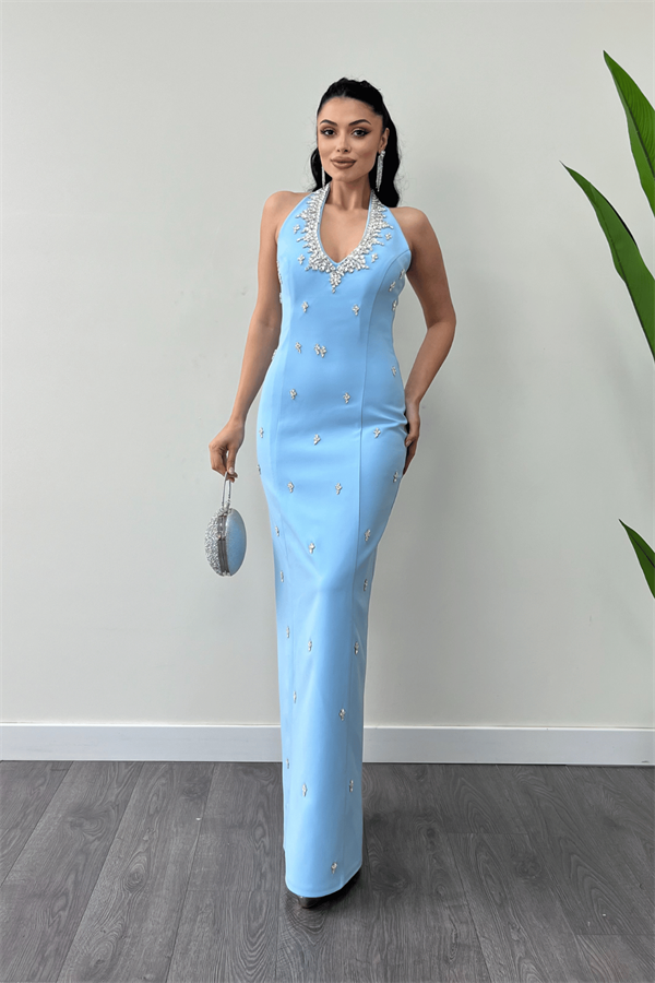 Atlas Kumaş Taş Detaylı Boyundan Bağlama Abiye Elbise - BEBE MAVİSİ