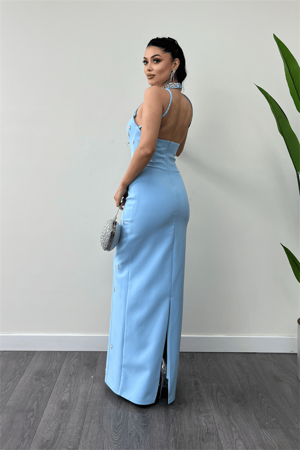 Atlas Kumaş Taş Detaylı Boyundan Bağlama Abiye Elbise - BEBE MAVİSİ