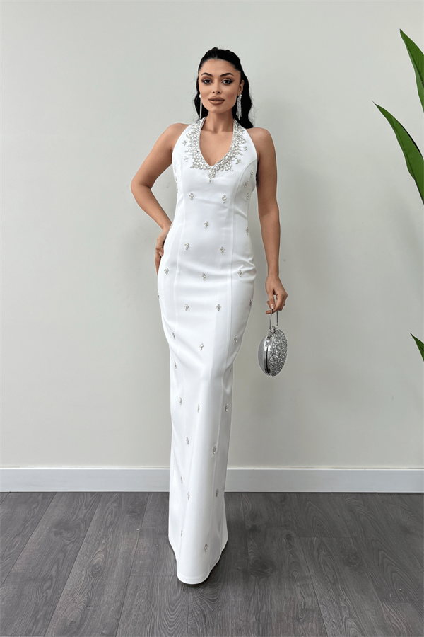 Atlas Kumaş Taş Detaylı Boyundan Bağlama Abiye Elbise - BEYAZ