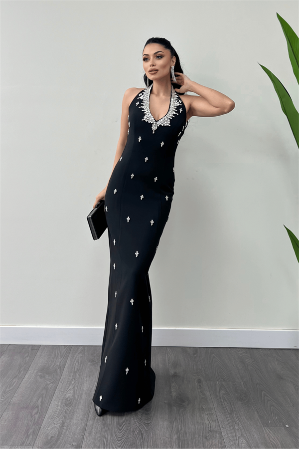 Atlas Kumaş Taş Detaylı Boyundan Bağlama Abiye Elbise - SİYAH