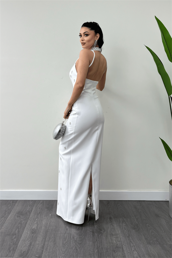 Atlas Kumaş Taş Detaylı Boyundan Bağlama Abiye Elbise - BEYAZ