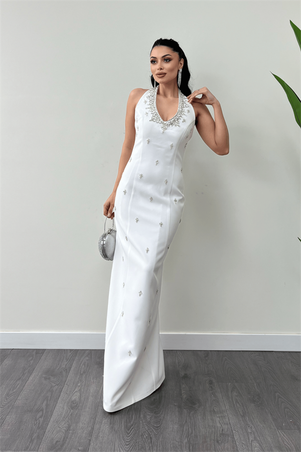 Atlas Kumaş Taş Detaylı Boyundan Bağlama Abiye Elbise - BEYAZ