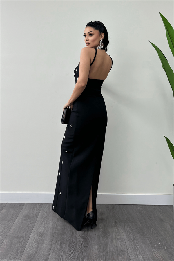 Atlas Kumaş Taş Detaylı Boyundan Bağlama Abiye Elbise - SİYAH