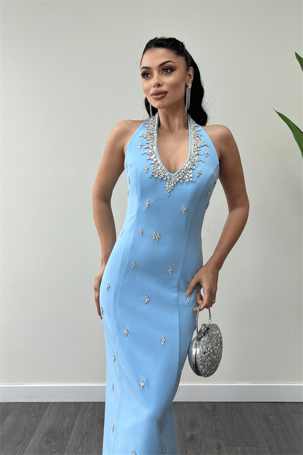 Atlas Kumaş Taş Detaylı Boyundan Bağlama Abiye Elbise - BEBE MAVİSİ