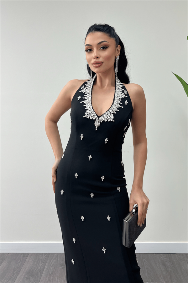 Atlas Kumaş Taş Detaylı Boyundan Bağlama Abiye Elbise - SİYAH