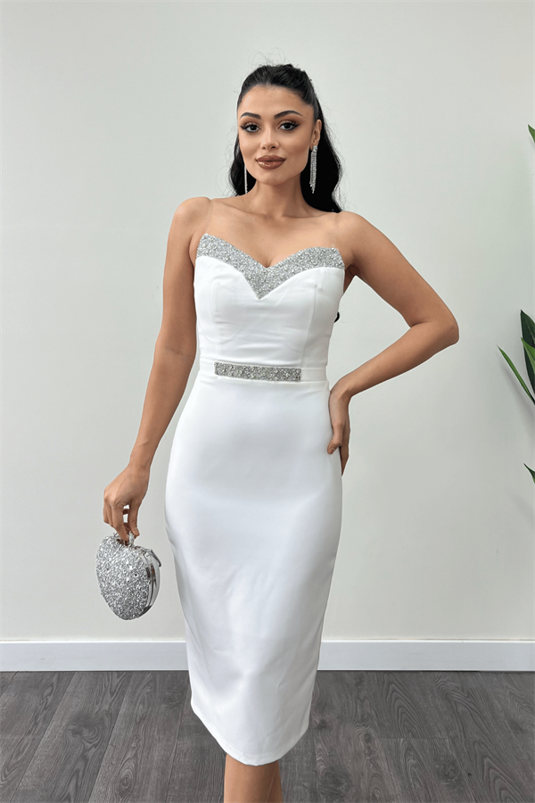 Atlas Kumaş Taş Detaylı İşleme Detaylı Kalem Elbise - BEYAZ