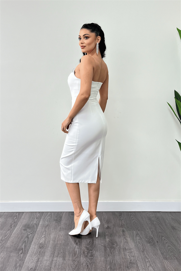 Atlas Kumaş Taş Detaylı İşleme Detaylı Kalem Elbise - BEYAZ