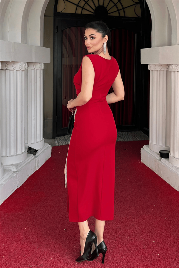 Atlas Kumaş Taş Detaylı Kalem Elbise - KIRMIZI