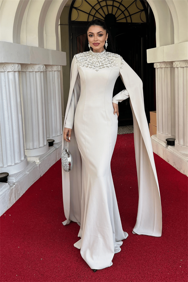 Atlas Kumaş Taşlı Pelerin Detaylı Balık Elbise - BEJ