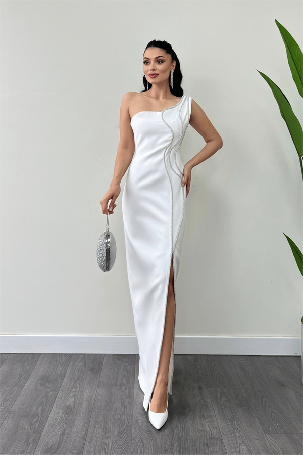 Atlas Kumaş Taşlı Şerit Detaylı Abiye Elbise - BEYAZ