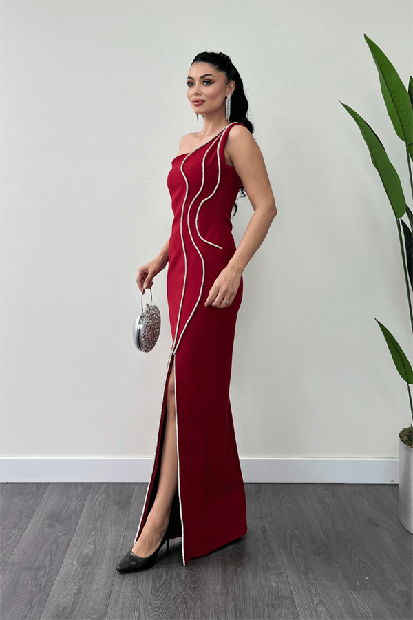 Atlas Kumaş Taşlı Şerit Detaylı Abiye Elbise - KIRMIZI