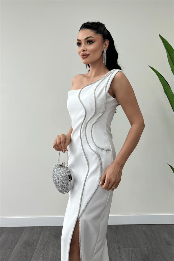 Atlas Kumaş Taşlı Şerit Detaylı Abiye Elbise - BEYAZ