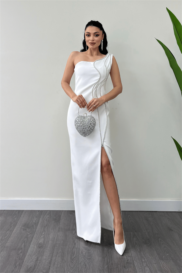 Atlas Kumaş Taşlı Şerit Detaylı Abiye Elbise - BEYAZ