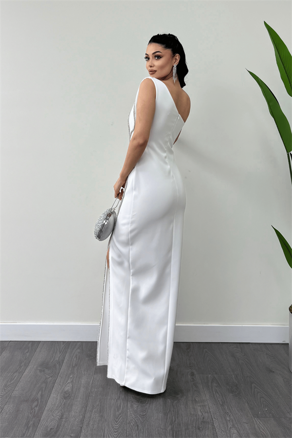 Atlas Kumaş Taşlı Şerit Detaylı Abiye Elbise - BEYAZ