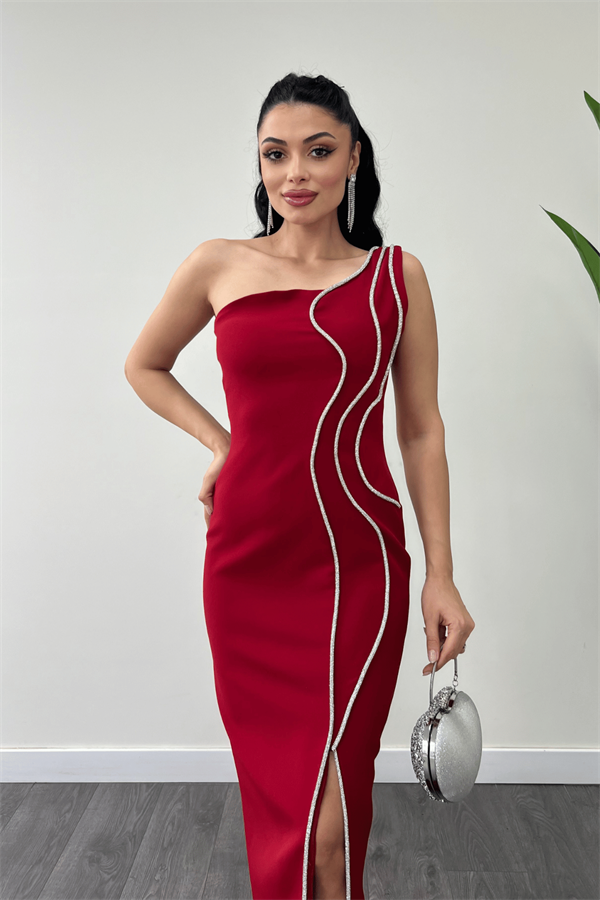 Atlas Kumaş Taşlı Şerit Detaylı Abiye Elbise - KIRMIZI