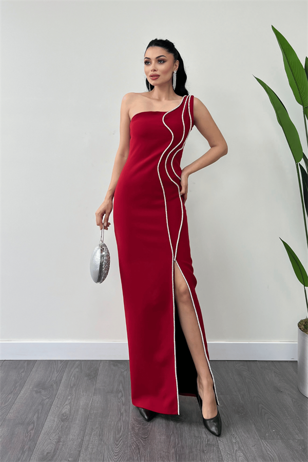 Atlas Kumaş Taşlı Şerit Detaylı Abiye Elbise - KIRMIZI