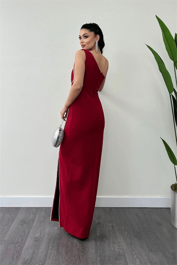 Atlas Kumaş Taşlı Şerit Detaylı Abiye Elbise - KIRMIZI