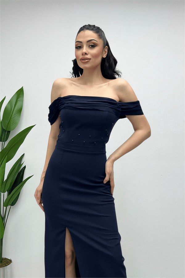 Atlas Kumaş Yaka Şifon Pliseli Ve İnci Detaylı Elbise - LACİVERT