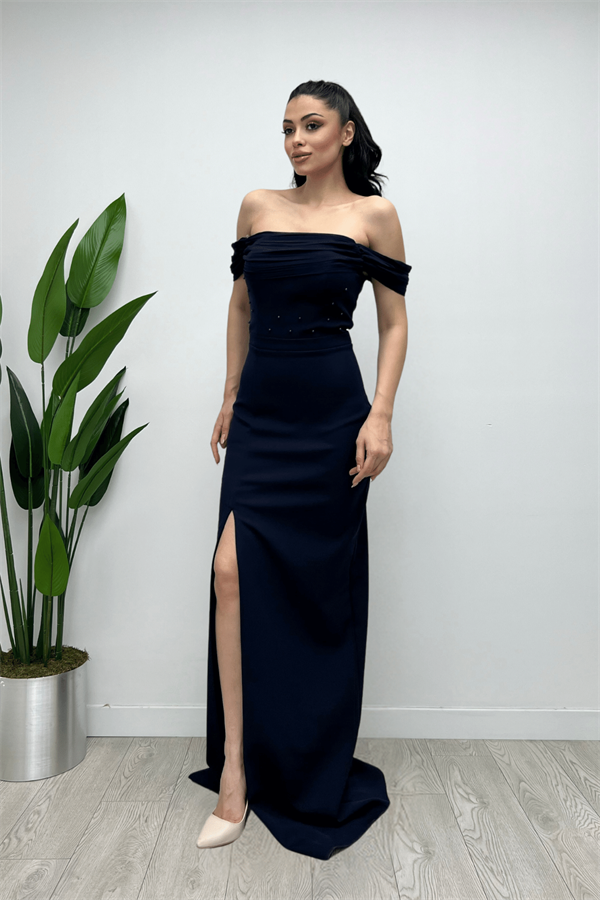 Atlas Kumaş Yaka Şifon Pliseli Ve İnci Detaylı Elbise - LACİVERT