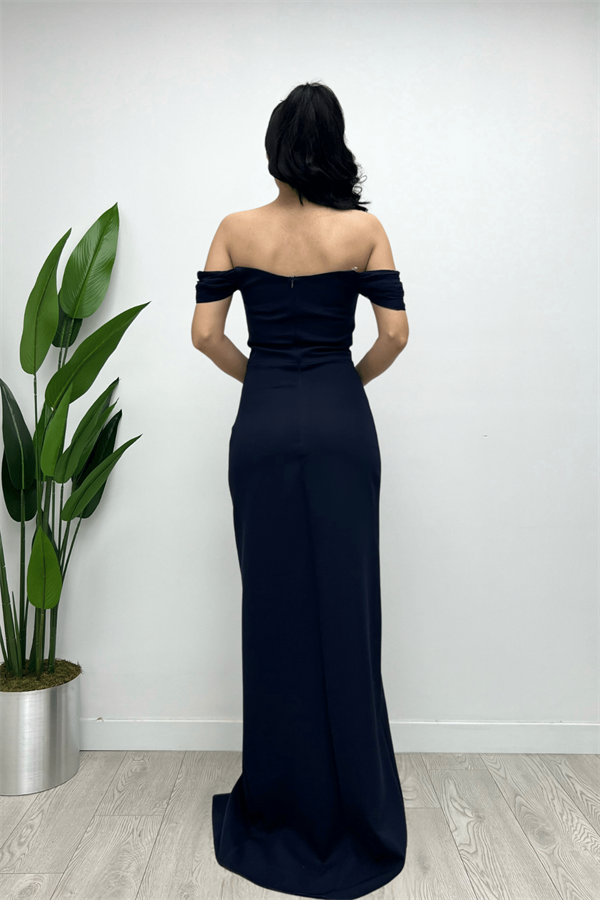 Atlas Kumaş Yaka Şifon Pliseli Ve İnci Detaylı Elbise - LACİVERT