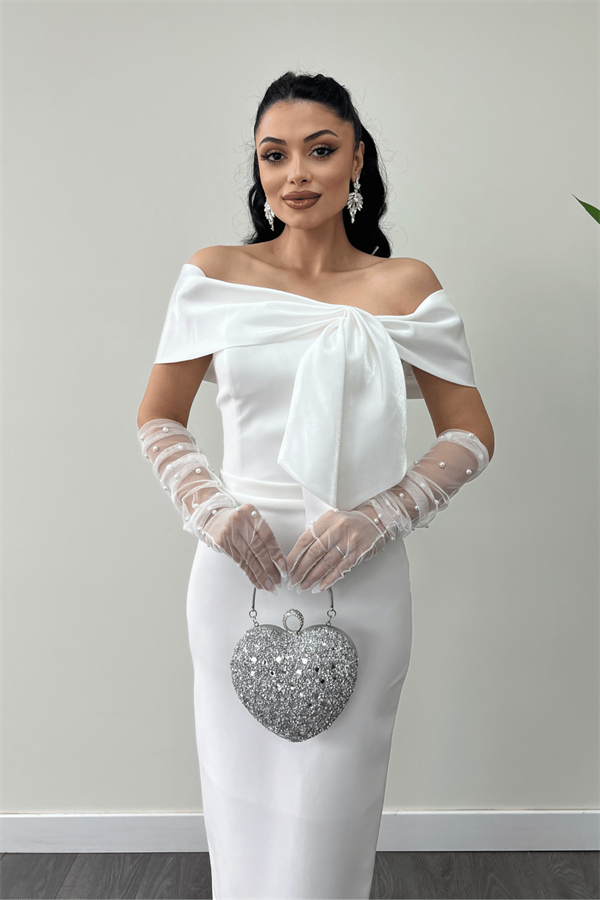 Atlas Kumaş Yakası Kurdale Detaylı Kalem Elbise - BEYAZ