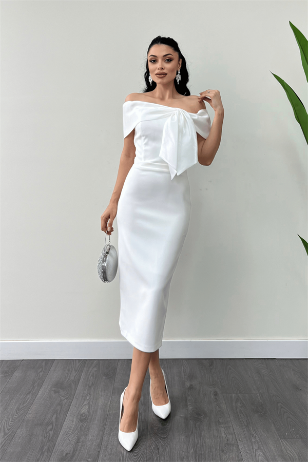 Atlas Kumaş Yakası Kurdale Detaylı Kalem Elbise - BEYAZ