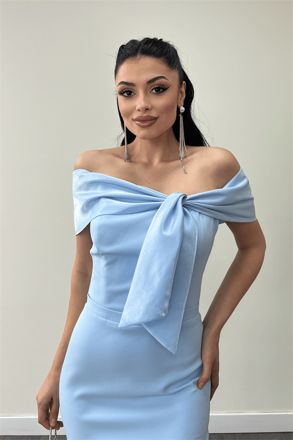 Atlas Kumaş Yakası Kurdale Detaylı Kalem Elbise - BEBE MAVİSİ