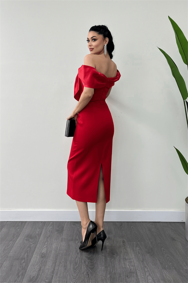 Atlas Kumaş Yakası Kurdale Detaylı Kalem Elbise - KIRMIZI