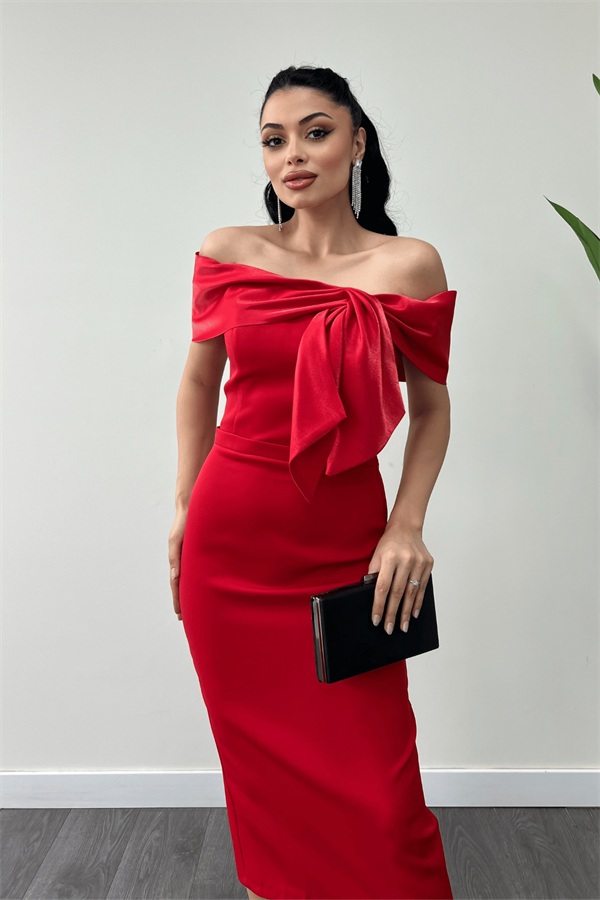 Atlas Kumaş Yakası Kurdale Detaylı Kalem Elbise - KIRMIZI