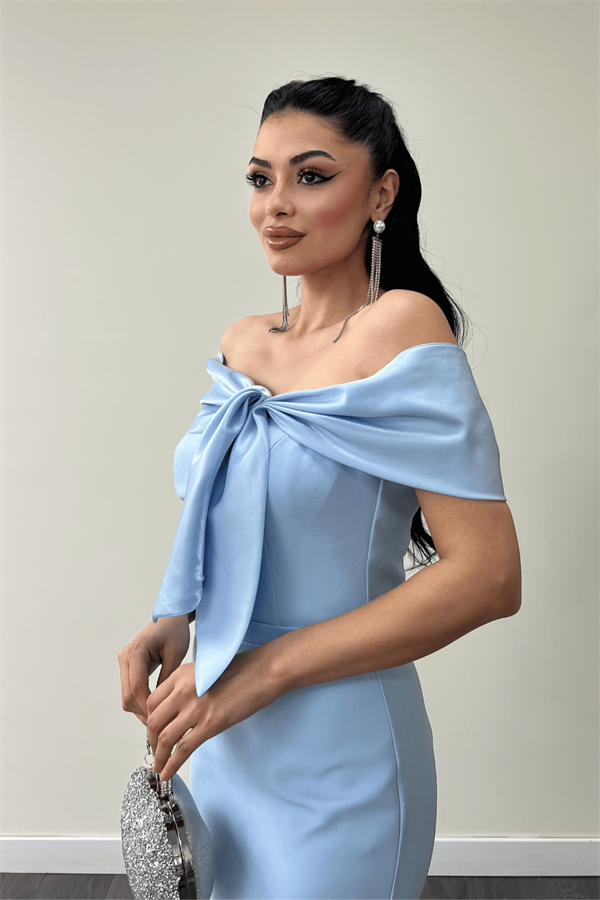 Atlas Kumaş Yakası Kurdale Detaylı Kalem Elbise - BEBE MAVİSİ