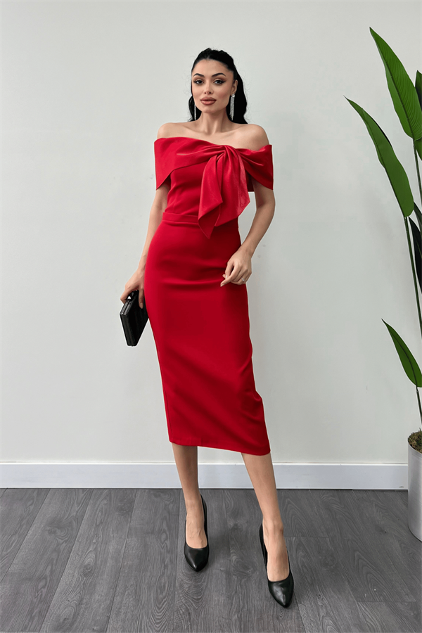 Atlas Kumaş Yakası Kurdale Detaylı Kalem Elbise - KIRMIZI