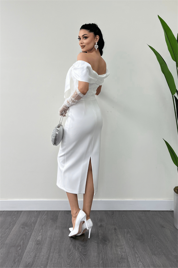 Atlas Kumaş Yakası Kurdale Detaylı Kalem Elbise - BEYAZ