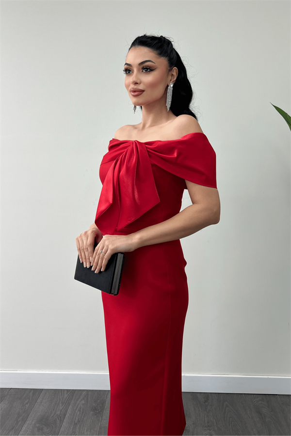 Atlas Kumaş Yakası Kurdale Detaylı Kalem Elbise - KIRMIZI