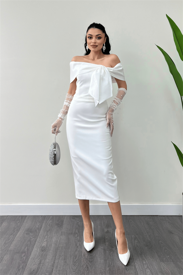 Atlas Kumaş Yakası Kurdale Detaylı Kalem Elbise - BEYAZ