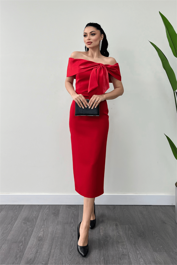 Atlas Kumaş Yakası Kurdale Detaylı Kalem Elbise - KIRMIZI