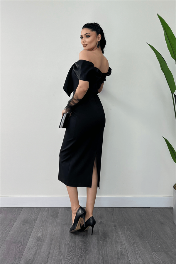 Atlas Kumaş Yakası Kurdale Detaylı Kalem Elbise - SİYAH